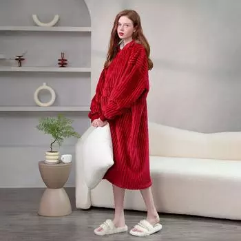Женский фланелевой халат с капюшоном, мягкая одежда для сна, передний карман, однотонная теплая ночная рубашка с капюшоном, зимняя домашняя одежда, халаты, ночные рубашки One size бордовый