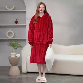 Женский фланелевой халат с капюшоном, мягкая одежда для сна, передний карман, однотонная теплая ночная рубашка с капюшоном, зимняя домашняя одежда, халаты, ночные рубашки One size бордовый