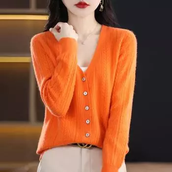 Женский кашемировый кардиган с V-образным вырезом, Qinghe Cashmere, 30% кашемир, 70% шерсть, однотонный цвет