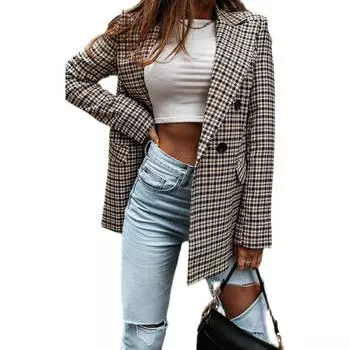 Женский клетчатый костюм Fried Street Small Acket Europe Commuter двубортный клетчатый костюм большого размера XXL дубильная кора