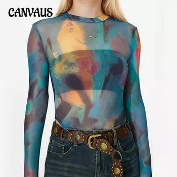 Женский комбинезон Street Round Neck Long Sleeve Sexy Tie-Dye Printed Mesh Slim T Shirt Bodysuit S разноцветный
