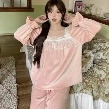 Женский комплект из 2 предметов пижамы, костюм Island Velvet Top и брюки, свободный наряд, зимняя одежда для сна в стиле принцессы, ночная рубашка для осени, домашняя одежда M розовый