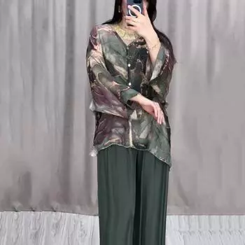 Женский комплект из 2 шт./компл., однобортный однобортный топ с длинными брюками и длинными брюками с мраморным принтом, блузка с широкими штанинами S верблюд