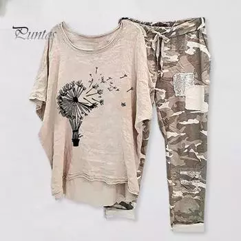 Женский комплект из 2 шт./компл., топ, брюки, круглый вырез, цветочный камуфляжный принт, нерегулярный подол, короткие рукава, свободный шнурок, эластичная талия, женская футболка, комплект брюк M