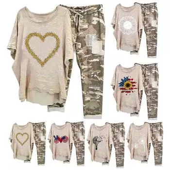 Женский комплект из 2 шт./компл., топ, брюки, круглый вырез, цветочный камуфляжный принт, нерегулярный подол, короткие рукава, свободный шнурок, эластичная талия, женская футболка, комплект брюк M