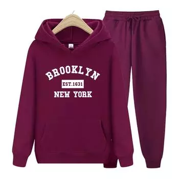 Женский комплект с капюшоном с длинными рукавами Brooklyn Est. 1631 New York Letter Простота Графика Спортивный костюм Мягкая уличная одежда Набор толстовок с капюшоном S