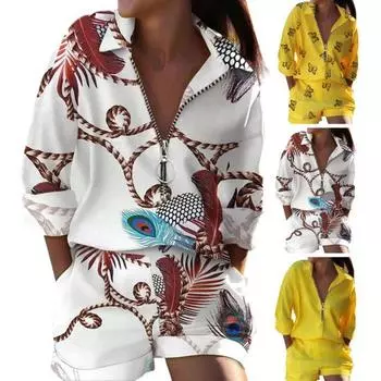 Женский комплект с принтом, весенне-летняя повседневная рубашка с длинным рукавом и шорты с высокой талией