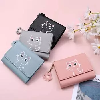 Женский короткий кошелек для монет с рисунком из мультфильма, сумка для карт из искусственной кожи с тремя отделениями, портативная сумка для хранения, студенческий дорожный кошелек с несколькими отделениями для карт