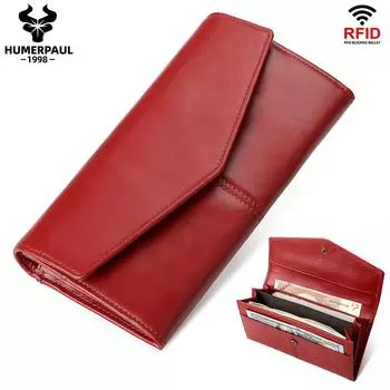 Женский кошелек из натуральной кожи RFID, большой емкости, кошелек для мобильного телефона, дизайнерский длинный тонкий кошелек-клатч Lallet красный