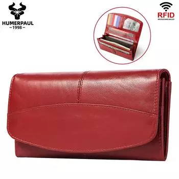 Женский кошелек из натуральной кожи RFID, большая емкость, клатч с несколькими картами, дизайнерский длинный кошелек, сумка для мобильного телефона красный