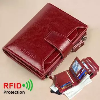 Женский кошелек из натуральной кожи с блокировкой RFID, короткий, многофункциональный, большой емкости, на молнии, зажим для денег