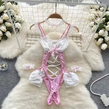 Женский косплей, чувственное нижнее белье, боди, женские каваи, короткие комбинезоны с открытой спиной, женский бант, эротическое белье, сексуальные комбинезоны 2024 S