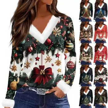 Женский модный повседневный топ с V-образным вырезом и длинными рукавами, рождественским принтом и плюшевым воротником S белый