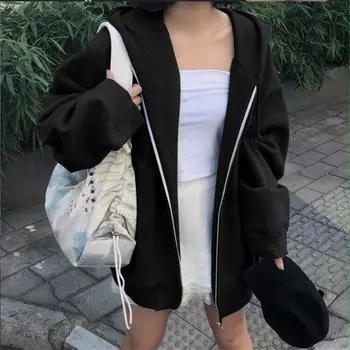 Женский однотонный кардиган, корейский свободный свитер с капюшоном, плюшевое повседневное пальто на молнии, весенне-осеннее свободное пальто 5XL чёрный