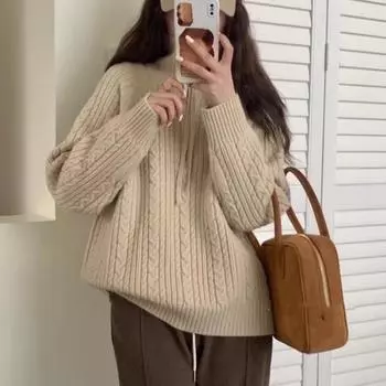 Женский осенне-зимний трикотажный свитер с отворотом и полумолнией one size fits all