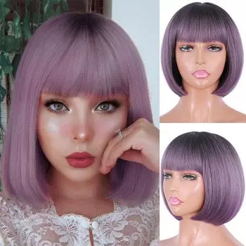 Женский парик MERISIHAIR, серый, фиолетовый, короткий боб с челкой, до плеч, градиент, черный, фиолетовый, парик из синтетического волокна для женщин