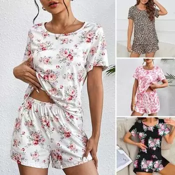 Женский пижамный комплект из 2 шт./компл., футболка с коротким рукавом и круглым вырезом с цветочным принтом, эластичная талия, короткая