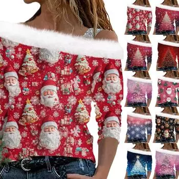 Женский плюшевый пуловер с длинными рукавами и рождественским принтом Christmas Elements L