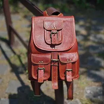 Женский рюкзак из натуральной козьей кожи ручной работы, винтажная коричневая дорожная сумка 13 x 8 x 6 in коричневый