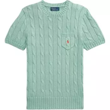 Женский свитер Polo Ralph Lauren Slim Fit, хлопковый, с кабельным узором, с коротким рукавом, аквамариновый, WMPOSWENC021245-300 M