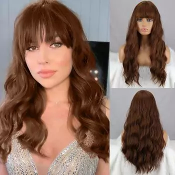 Женский темно-коричневый волнистый парик MERISIHAIR с челкой, длинный коричневый парик из синтетического волокна с волнистыми волнами для женщин 26inches