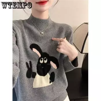 Женский вязаный свитер с рисунком из мультфильма и полувысоким воротником, осенне-зимний, свободный и универсальный, мягкий вязаный свитер S серый