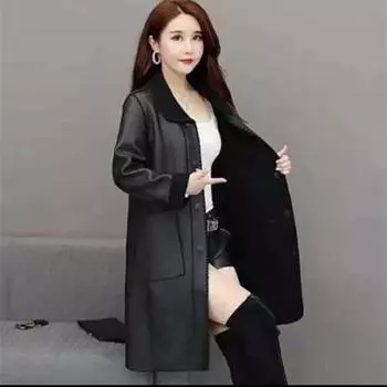 Женский зимний однотонный теплый плащ средней длины Mom Temperament из искусственной кожи 5XL чёрный