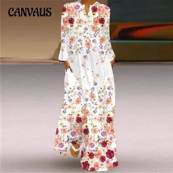 Женское длинное платье больших размеров на весну и лето, свободное платье с v-образным вырезом и длинными рукавами, карманами и принтом S