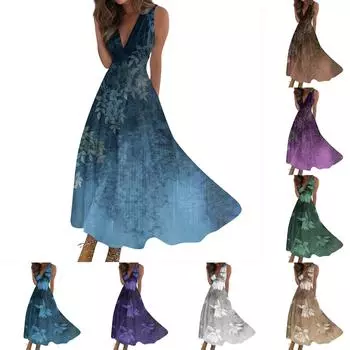 Женское длинное платье Платье макси Повседневное платье Свободное платье Платье трапециевидной формы Модная уличная одежда Платье без рукавов с v-образным вырезом и принтом даты L синий