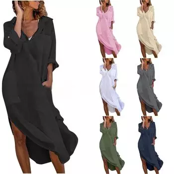 Женское длинное платье-рубашка из хлопка и льна на пуговицах 2024 года — однотонное, с разрезом, свободное, дышащее, повседневный стиль XXL темно-серого