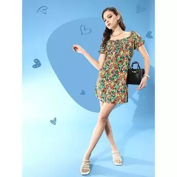 Женское красное платье с цветочным принтом и рюшами на бюсте S