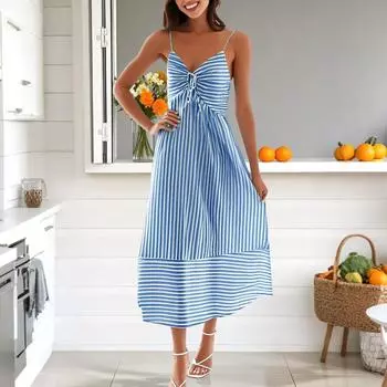 Женское летнее модное повседневное платье с V-образным вырезом в полоску на подтяжках L светло-фиолетовый