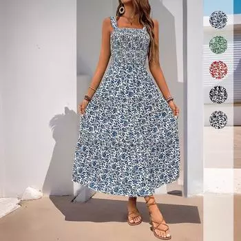 Женское летнее платье-комбинация средней длины без рукавов с эластичным поясом и принтом S темно-синий
