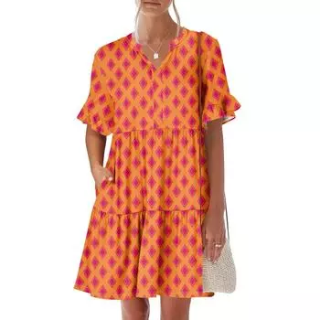 Женское летнее платье с коротким рукавом и V-образным вырезом, короткие платья, модное повседневное струящееся платье в стиле бохо с оборками и карманами XXL шафрановый