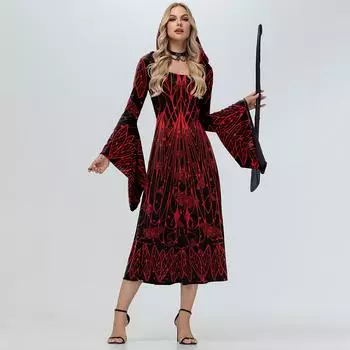 Женское модное пальто-платье с капюшоном ведьмы, рукавами-трубами и принтом, юбка в темном стиле M красный