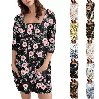 Женское модное повседневное короткое платье с квадратным вырезом и рукавом 3/4 XXL