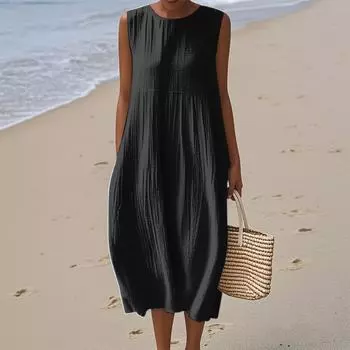 Женское модное повседневное платье без рукавов с круглым вырезом, однотонное, элегантное, темпераментное L чёрный