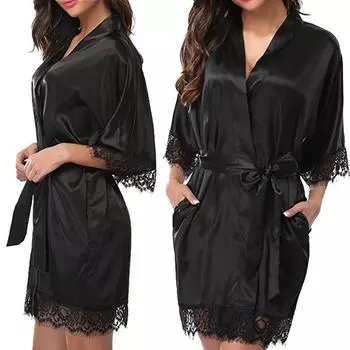 Женское нижнее белье больших размеров Ice Silk Sexy Lace Bathrobe Glossy Pyjamas Ice Silk Pyjamas Large Size Home Wear S чёрный