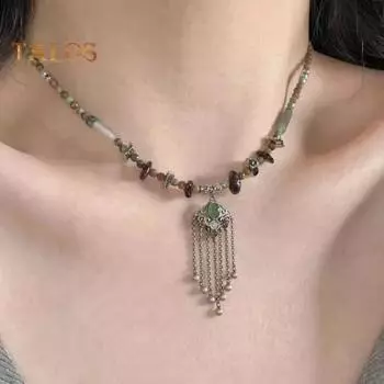 Женское ожерелье неправильной формы с каменной кисточкой из искусственного нефрита, кулон с безопасным замком, Vinatge, этнический стиль, регулируемая удлиненная длина, гладкая шея, ювелирные изделия для женщин разноцветный