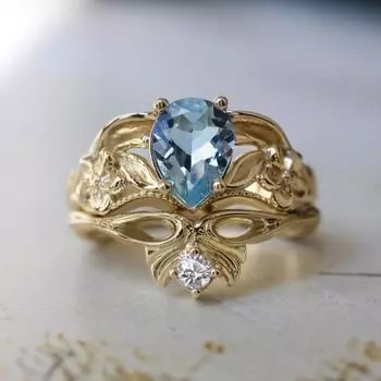 Женское парное кольцо с бриллиантами Gold Crown Sea Blue, ручная работа No. 5