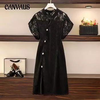 Женское платье больших размеров Cheongsam, модифицированные летние платья в китайском стиле в стиле ретро 2XL чёрный
