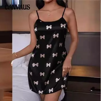 Женское платье-комбинация Ice Silk сексуальное с открытой спиной из тонкого дышащего материала с принтом S чёрный