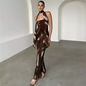 Женское платье Летняя мода Сексуальное горячее без бретелек Spice Girl Trend Print Длинное платье Все S кофейный