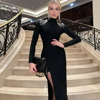 Женское платье с круглым вырезом и длинным рукавом, сексуальное, элегантное, темпераментное, с яркими ромбами, с отворотом сзади S чёрный