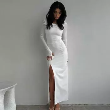 Женское платье Spice Girls, сексуальное, с открытой спиной, однотонное, с круглым вырезом, разрезом, облегающее, закрывающее ягодицы, платье осень/зима S чёрный