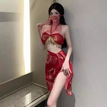 Женское порно Hanfu, красное женское сексуальное китайское традиционное прозрачное платье, танцовщица живота, костюмы для косплея, бандажная юбка, комплект нижнего белья One Size ( 40-60KG)