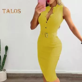 Женское повседневное платье Slim Fit с поясом и высокой талией Воротник-стойка с V-образным вырезом без рукавов Половина однобортный OL Стиль Оболочка длиной до колена Формальный офисный миди M жёлтый