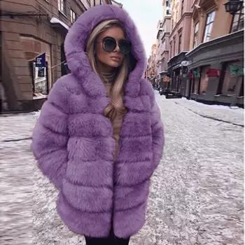 Женское роскошное искусственное пальто с капюшоном, осенне-зимнее теплое пальто S фиолетовый