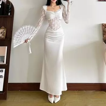 Женское сексуальное платье Royal Sister Wind Lace Patchwork Design Hollow Slim S белый