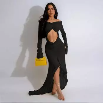 Женское сексуальное платье с V-образным вырезом, однотонное, с длинными рукавами S чёрный